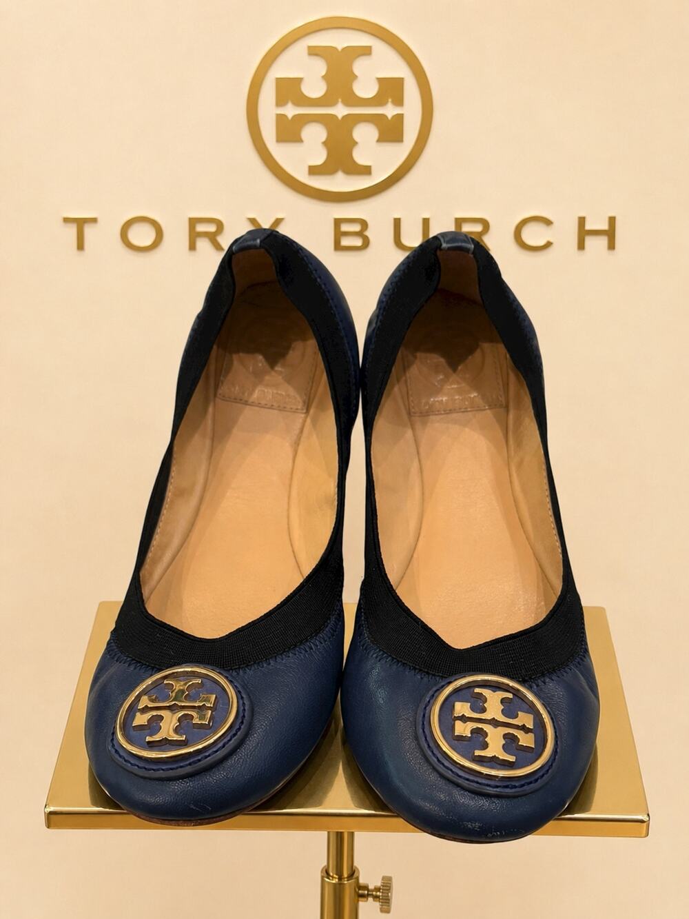 Tory Burch Caroline 2 Ballet Flats Clare Blue/Black Leather Sz 6 w/ Box